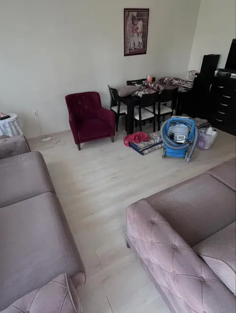 Pudra kapitoneli kanepeler ve bordo berjer, yıkama sonrası — Bornova, İzmir